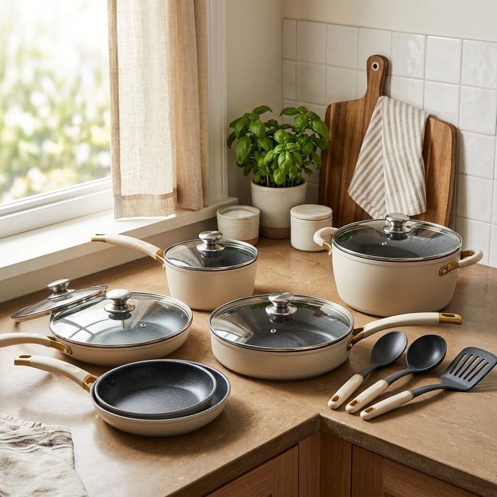 16-piece nonstick pots and pans cookware set arranged on a warm-toned kitchen counter with soft natural window light, neutral beige and cream tones.
