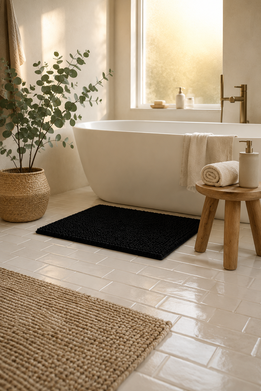 Soft black chenille bath mat centered on white large-format tile outside a glass shower door, with chrome fixtures and a folded warm-white towel on a matte black hook