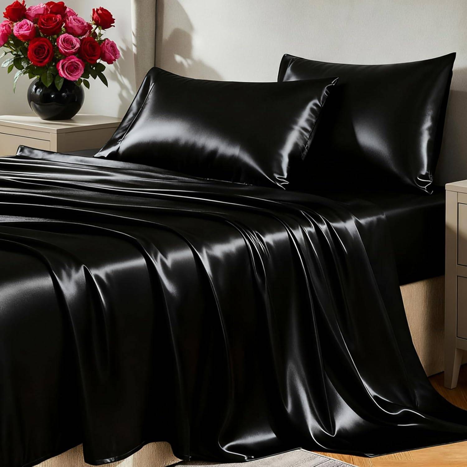Black satin sheets and pillows styled on a modern bed with cream nightstands, bright window light, glossy fabric texture, and red roses for a cozy dark bedroom mood.