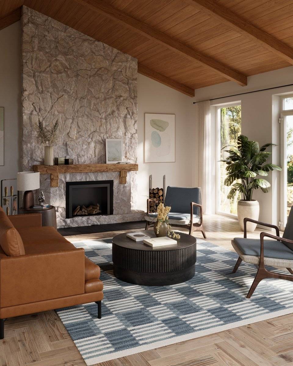Bright cozy living room with stone fireplace, wood ceiling, brown leather sofa, blue patterned rug, plants, books, and warm natural light.