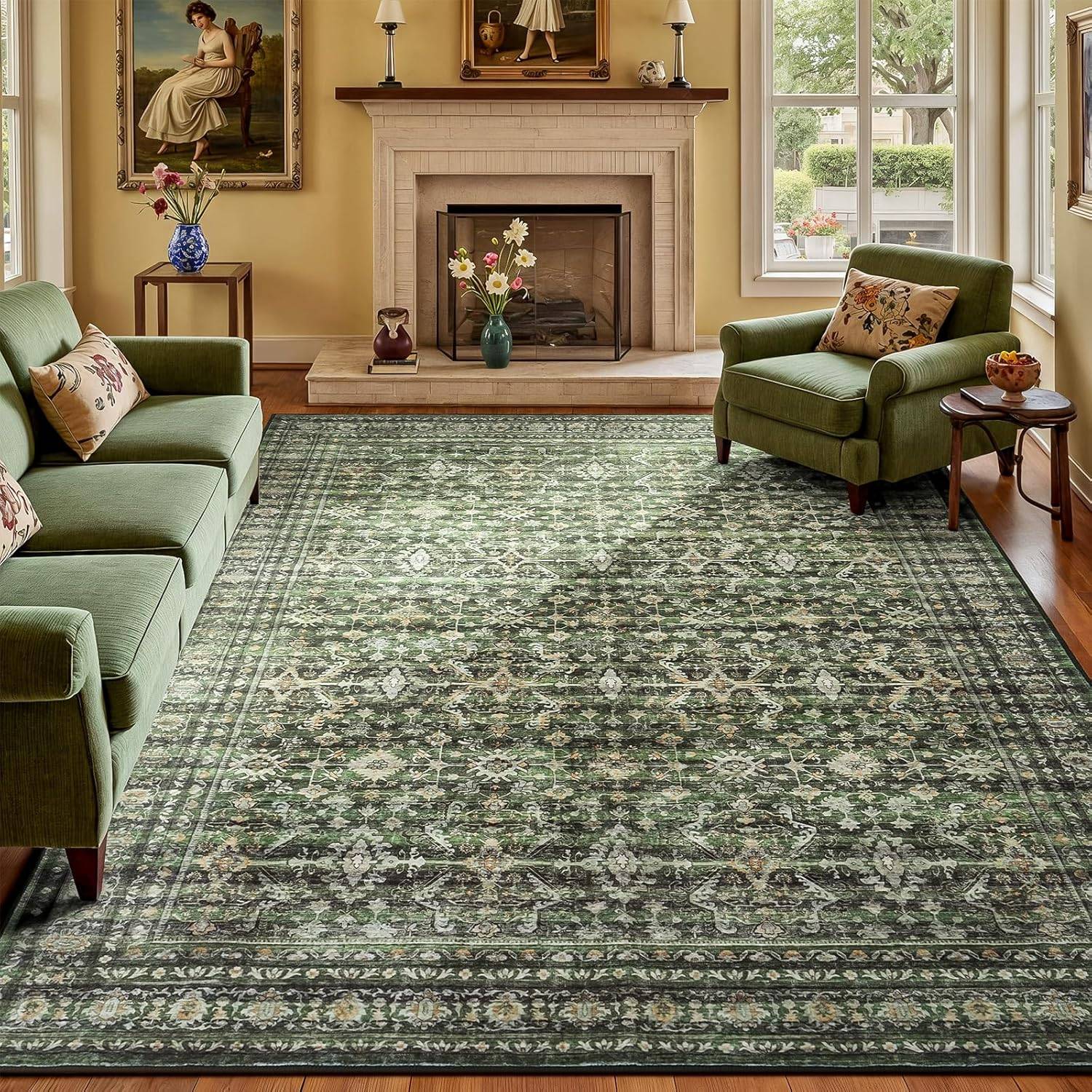 Cozy living room with a large green vintage-style area rug showing green rug living room ideas