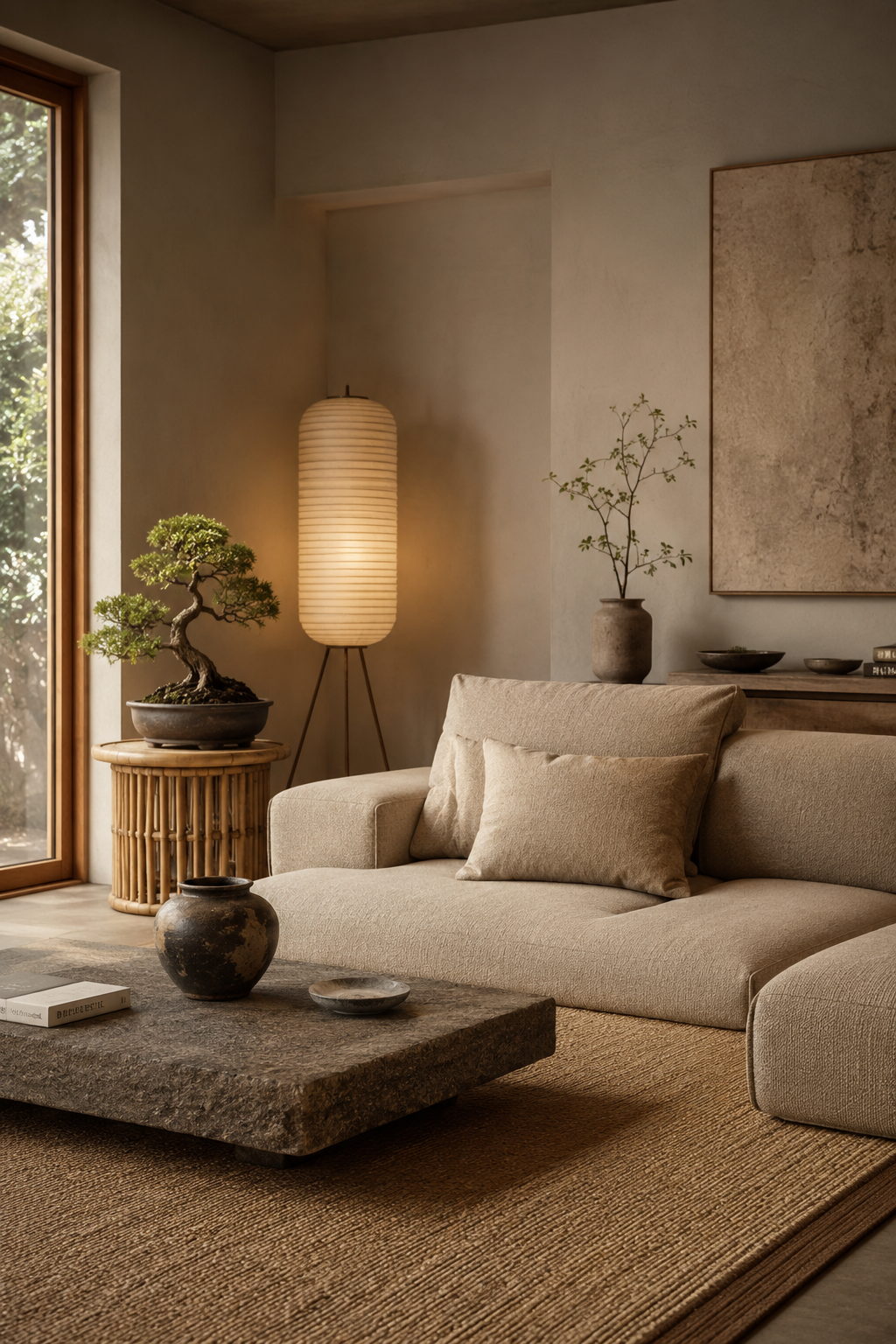Small Japandi living room with low-profile beige sofa, bamboo side table, and warm natural daylight for small living rooms