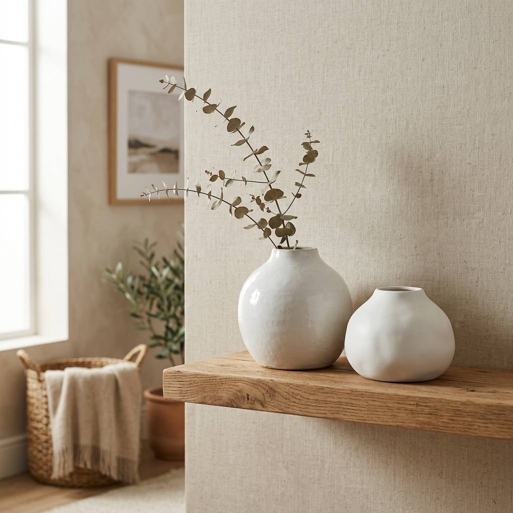 Set of two milky white ceramic vases in organic rounded shapes on a natural wood shelf with a dried eucalyptus branch, warm neutral boho room