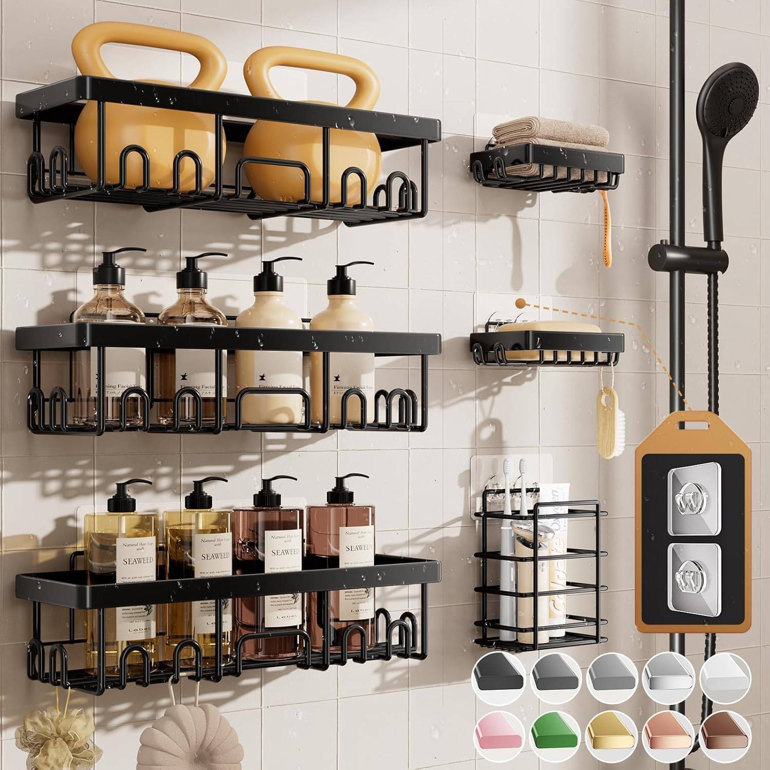 Matte black shower caddy shelves on cream tile holding shampoo, soap, washcloths, and bath essentials in a bright, organized small bathroom.