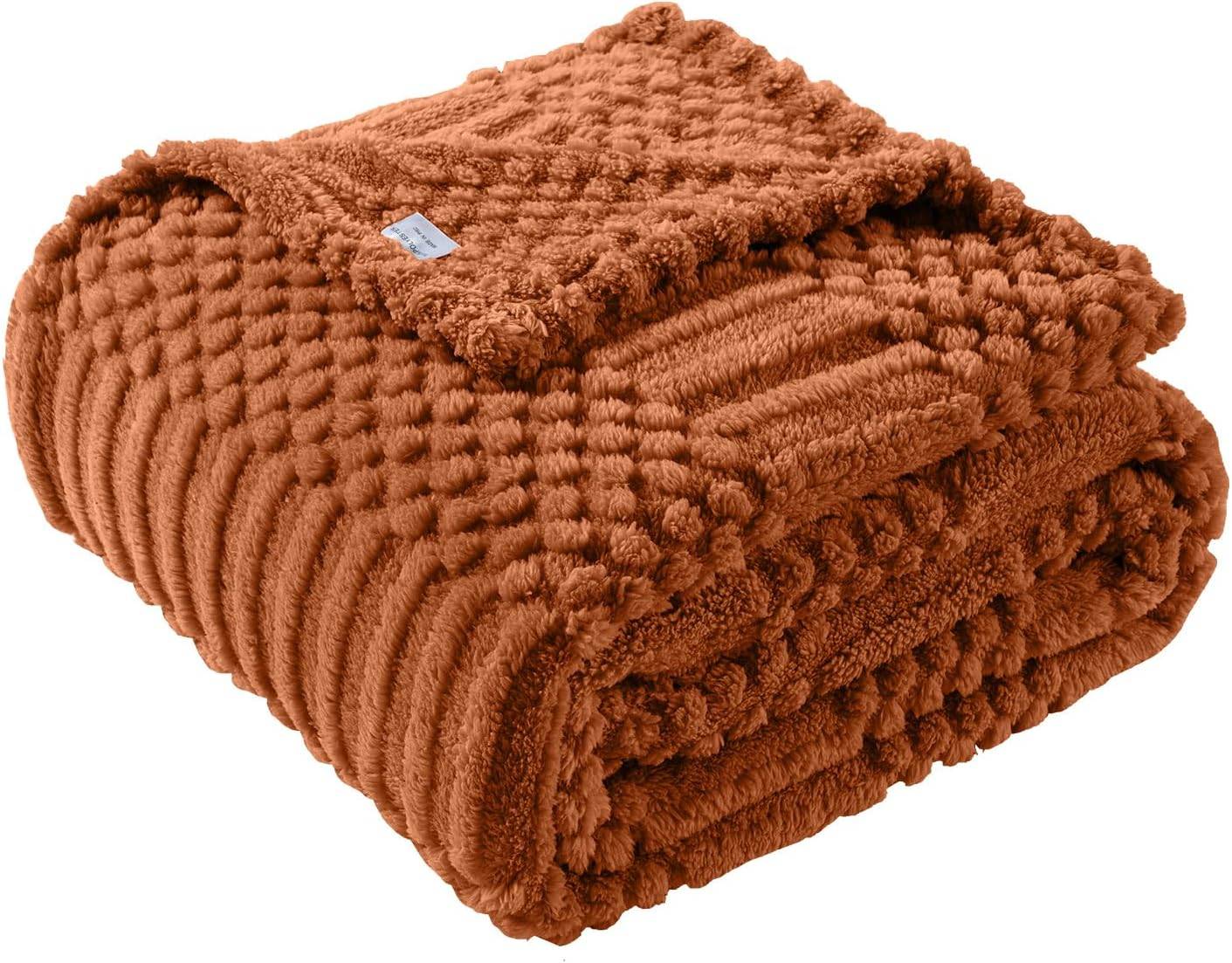 Rust plush throw blanket folded with fluffy ribbed texture, styled as a cozy warm neutral accent for living room or bedroom decor.