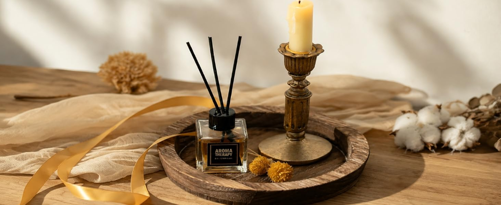 Round distressed wood tray on a coffee table styled with a pillar candle, reed diffuser, dried florals, and soft linen in warm golden hour light