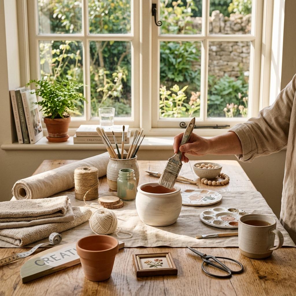 A cozy, sunlit crafting table with natural wood, linen fabrics, ceramic pots, paint brushes, and unfinished DIY home decor projects in a soft neutral palette.