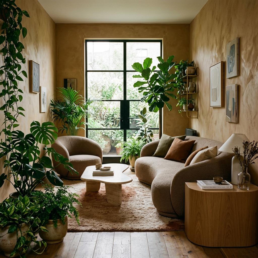 A beautifully styled 2026 living room showing interior design trends like warm plaster walls, curved boucle furniture, and lush indoor plants.