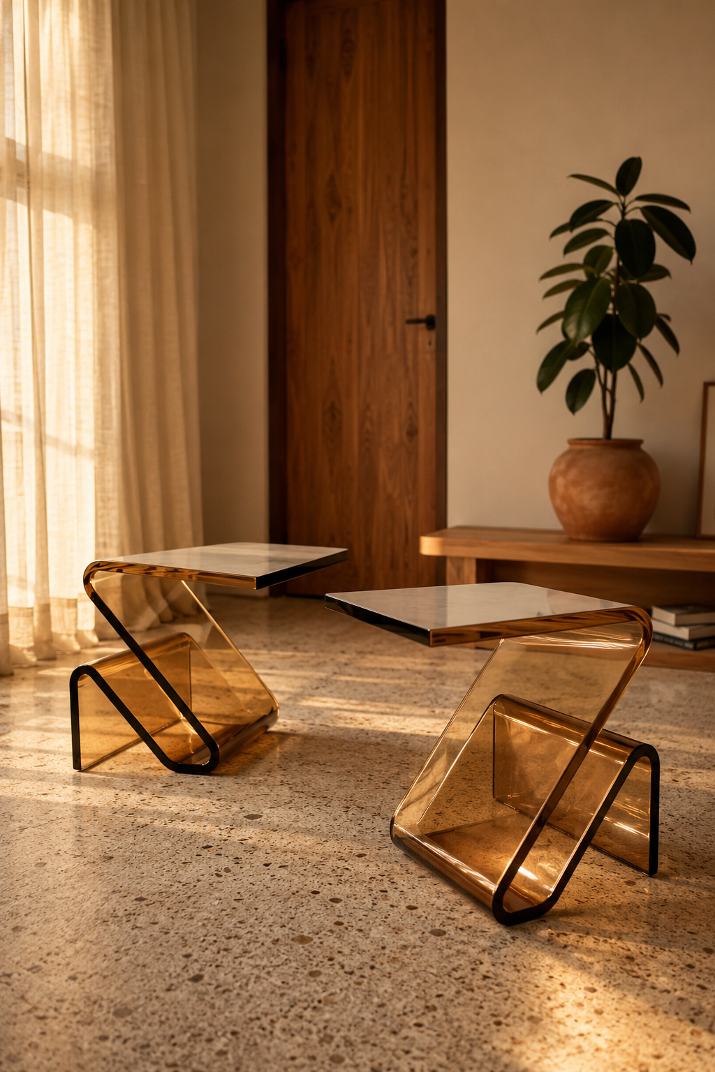 Two sculptural amber acrylic side tables with curved geometric designs in a modern minimalist living room with terrazzo flooring, natural wood door, white walls, and soft natural light from window