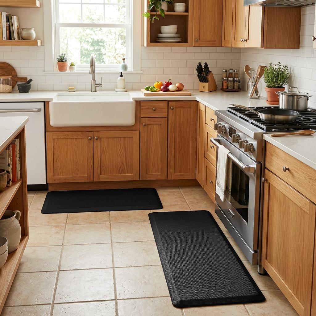 Two black anti-fatigue kitchen mats laid on a bright modern kitchen floor with warm natural light, wood cabinets, and clean neutral countertops — cozy and functional kitchen decor.