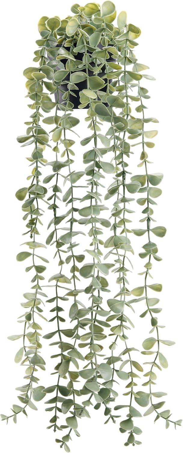 Hanging faux eucalyptus plant with trailing sage green leaves in a small black pot on a clean white background, ideal for boho faux eucalyptus bathroom shelf decor