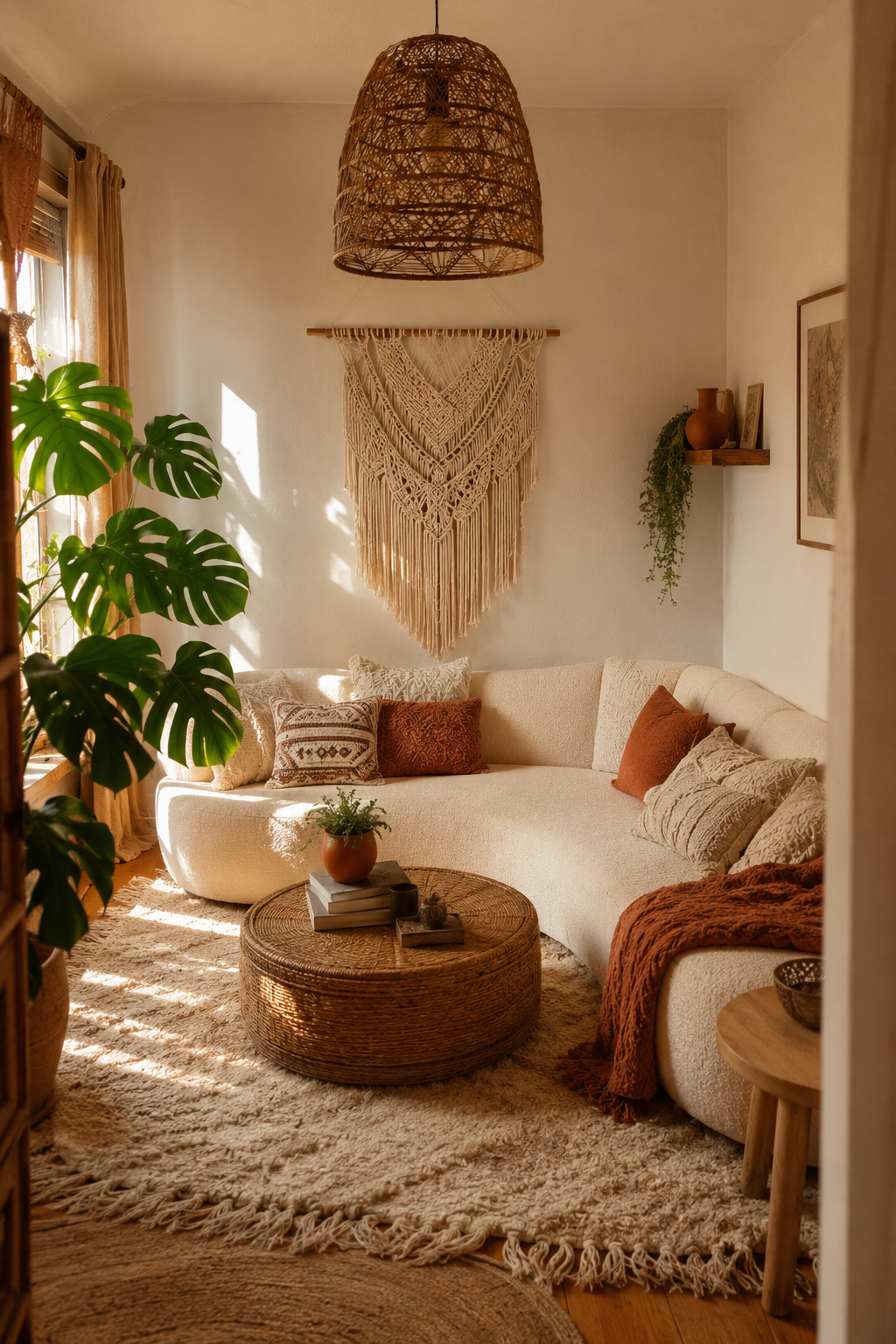 Boho living room with cream curved sofa and rattan coffee table in golden hour light