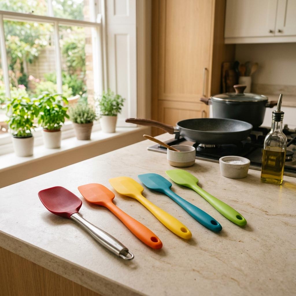 Set of 5 colorful silicone spatulas arranged on a warm neutral kitchen counter with soft natural window light, modern nonstick cookware in the background.