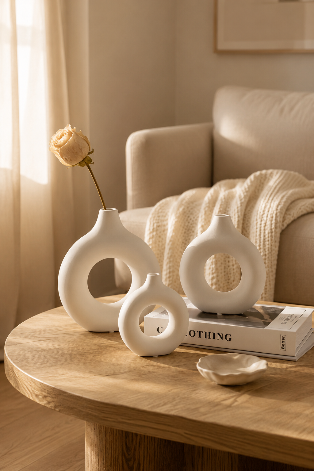 White matte ceramic donut-shaped vases with a single cream rose stem in minimalist styling
