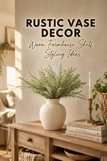 A rustic farmhouse ceramic flower vase on a wooden table, styled with dried neutral florals.