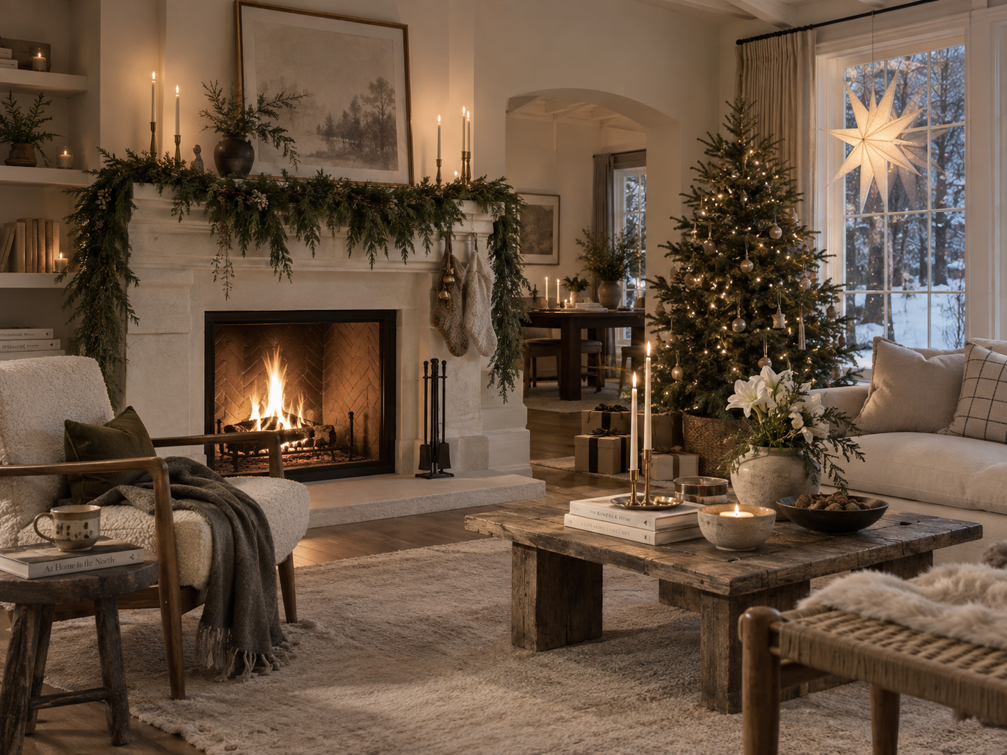 Organic modern Scandinavian living room styled with minimalist Christmas decor, Norfolk pine garland draped across a stone fireplace mantel, glowing brass taper candles, paper star lanterns, and warm neutral furniture