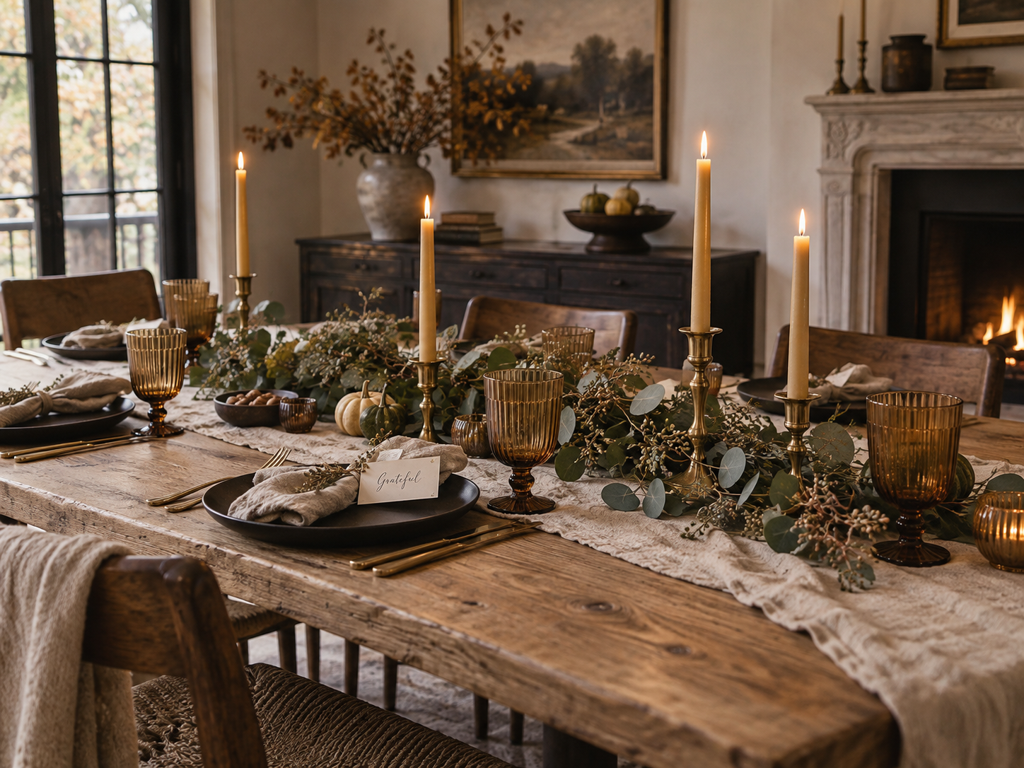 Elegant neutral Thanksgiving dining table setting with a rustic oak table, oatmeal crinkled linen runner, matte ceramic plates, ribbed amber glassware, brass candleholders, and seeded eucalyptus