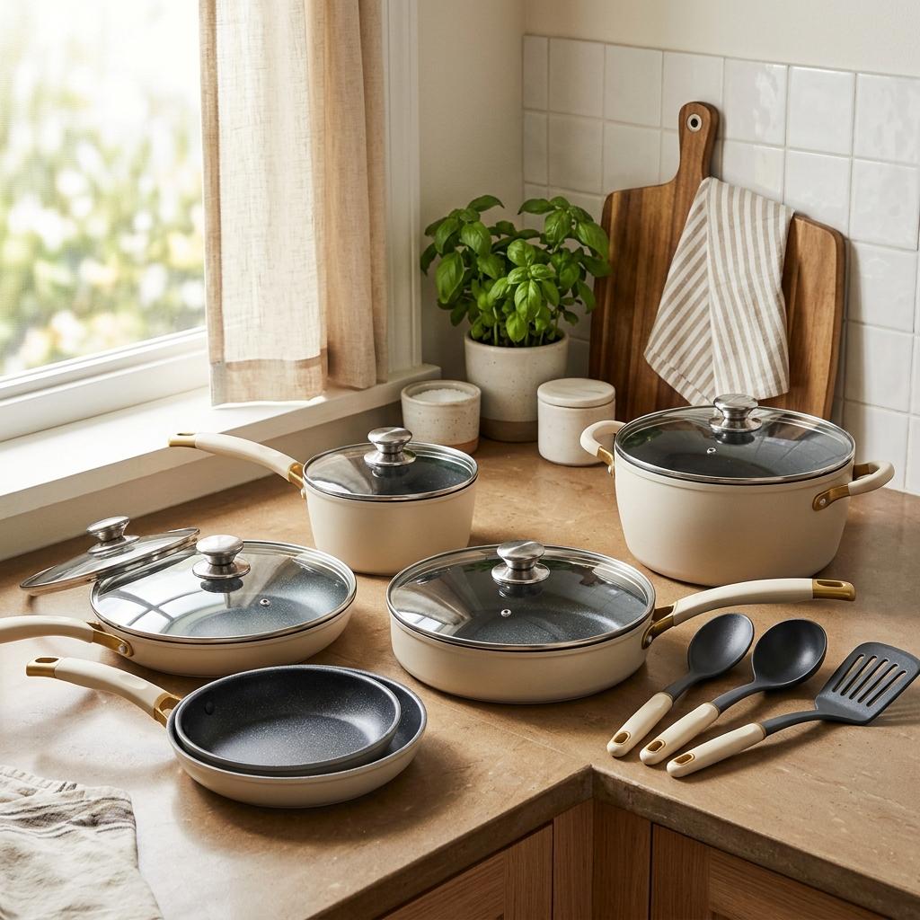 16-piece nonstick pots and pans cookware set arranged on a warm-toned kitchen counter with soft natural window light, neutral beige and cream tones.