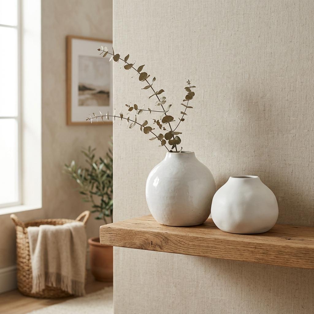 Set of two milky white ceramic vases in organic rounded shapes on a natural wood shelf with a dried eucalyptus branch, warm neutral boho room