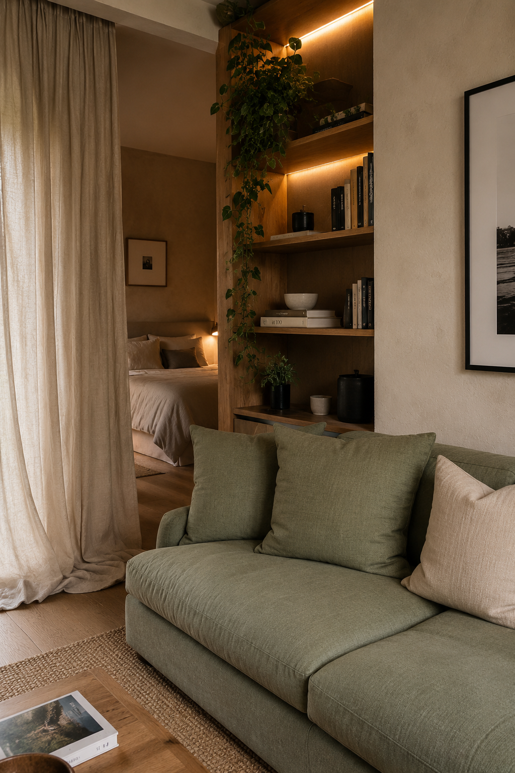 A bolt of natural linen and tailoring shears on a wooden table for DIY linen curtain