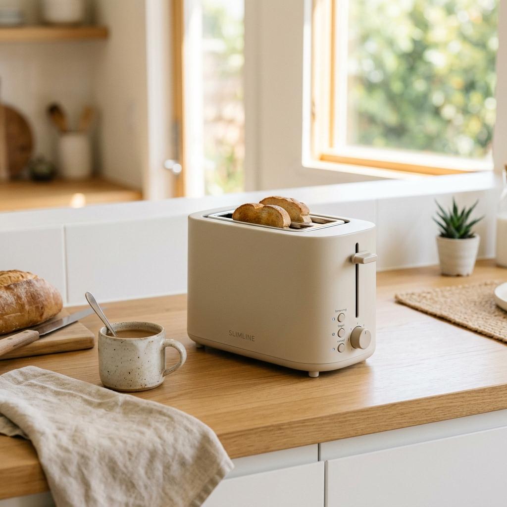 Slim oatmilk-colored two-slice toaster for small kitchens on a clean minimalist counter with warm natural light.