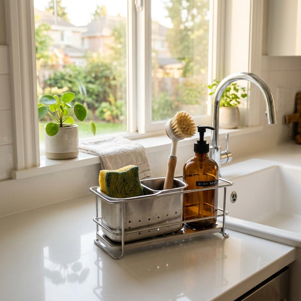 Stainless steel sink caddy holding a sponge, dish brush, and soap dispenser on a clean white kitchen counter with warm natural window light.