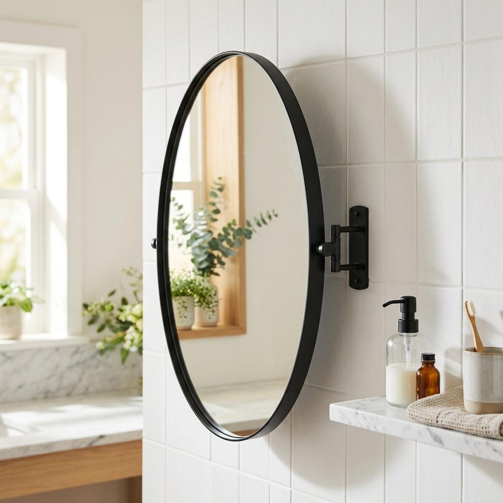 Black metal-framed oval swivel wall mirror mounted on white tile beside a marble shelf with toiletries in a modern minimalist bathroom