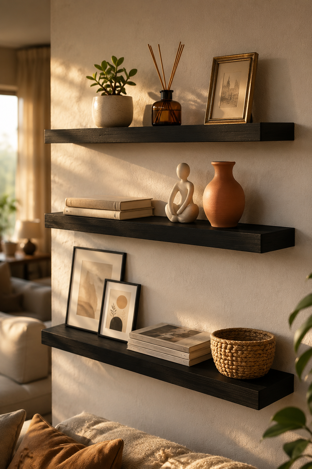 Three black floating wall shelves styled with books, small art prints, potted succulent, amber reed diffuser, and minimalist figurines in a warm, organized display