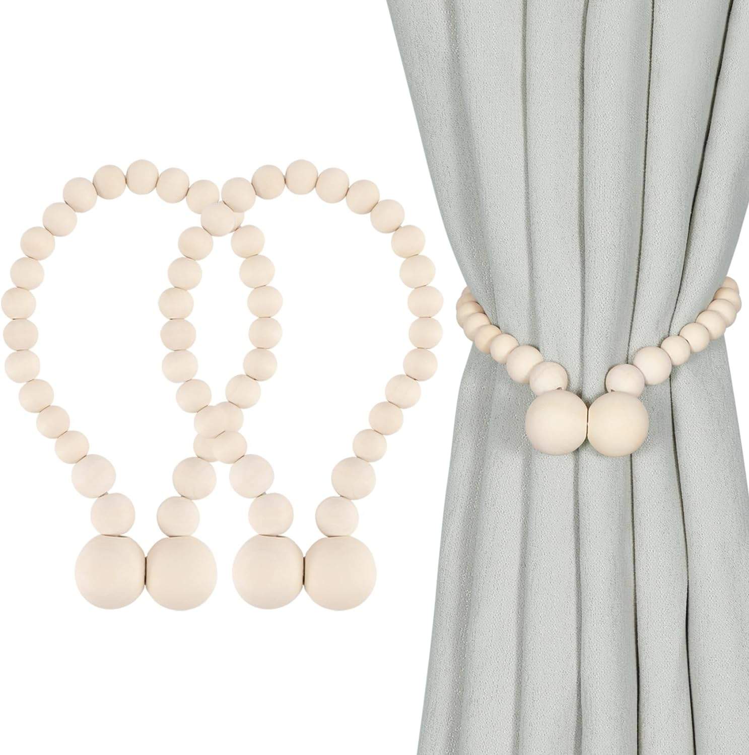 Cream wood bead magnetic curtain tieback wrapped around soft gray curtains, creating neutral boho farmhouse window decor with a calm nursery or bedroom mood.