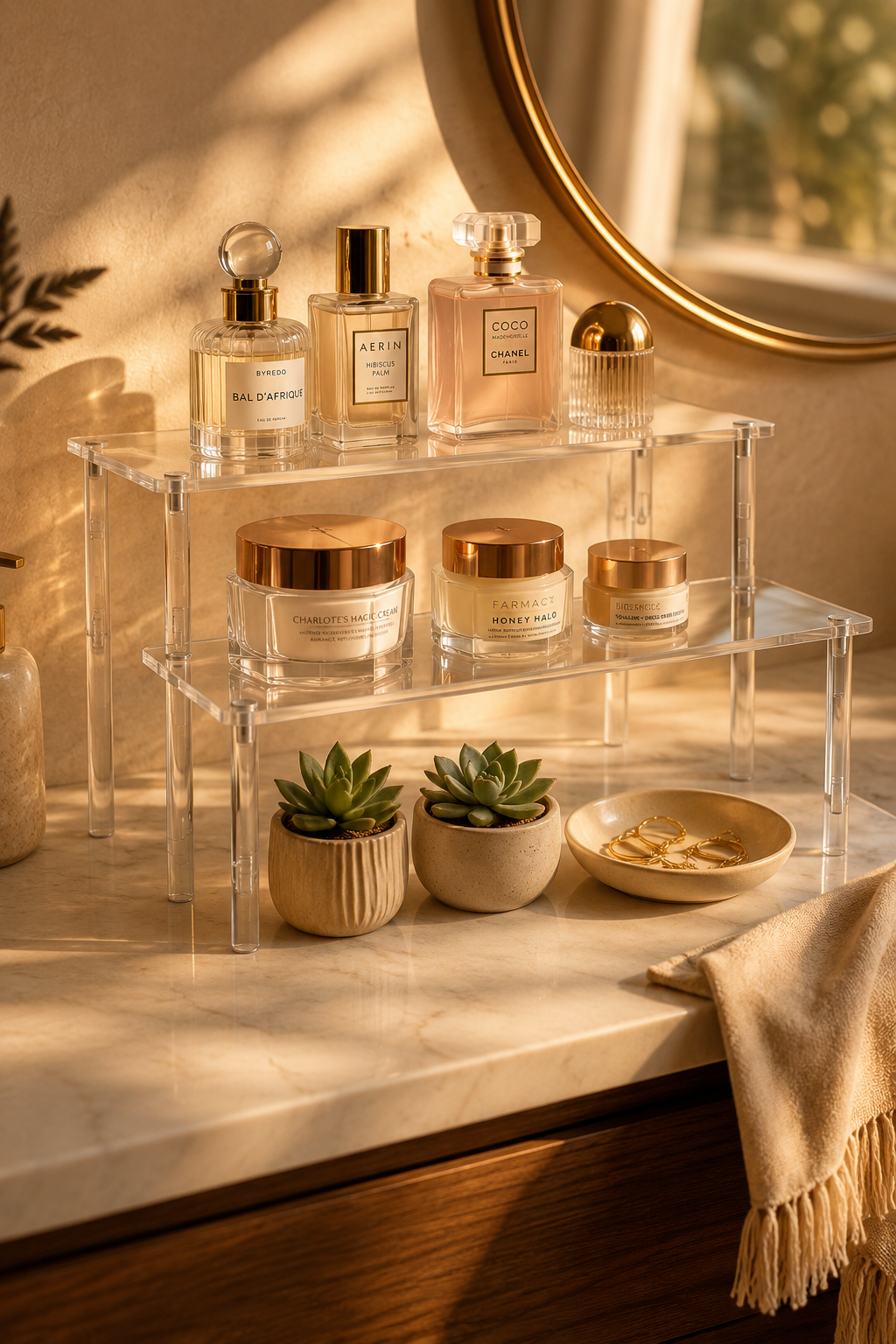 Three-tier clear acrylic display riser stand with transparent shelves and chrome legs, perfect for organizing perfumes, skincare, or decorative items on a vanity or countertop for clear acrylic display risers