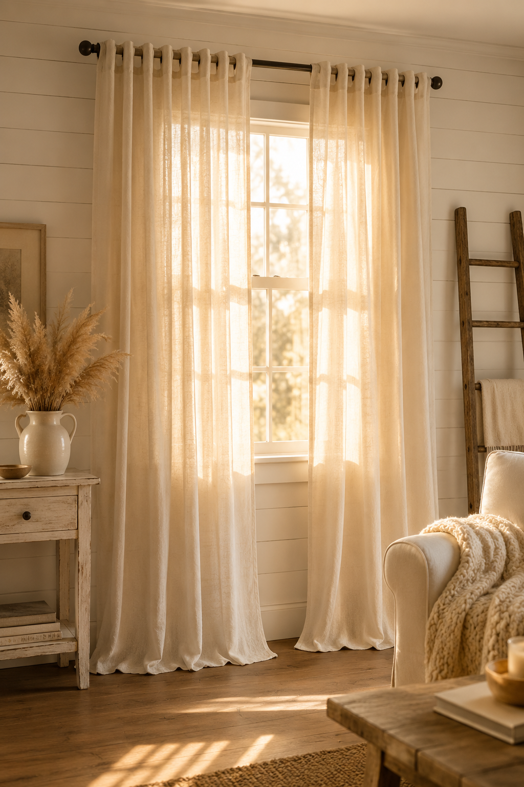 Cream linen back tab curtains in a warm neutral living room with golden hour sunlight filtering through, featuring rustic farmhouse decor, wooden ladder, and distressed furniture