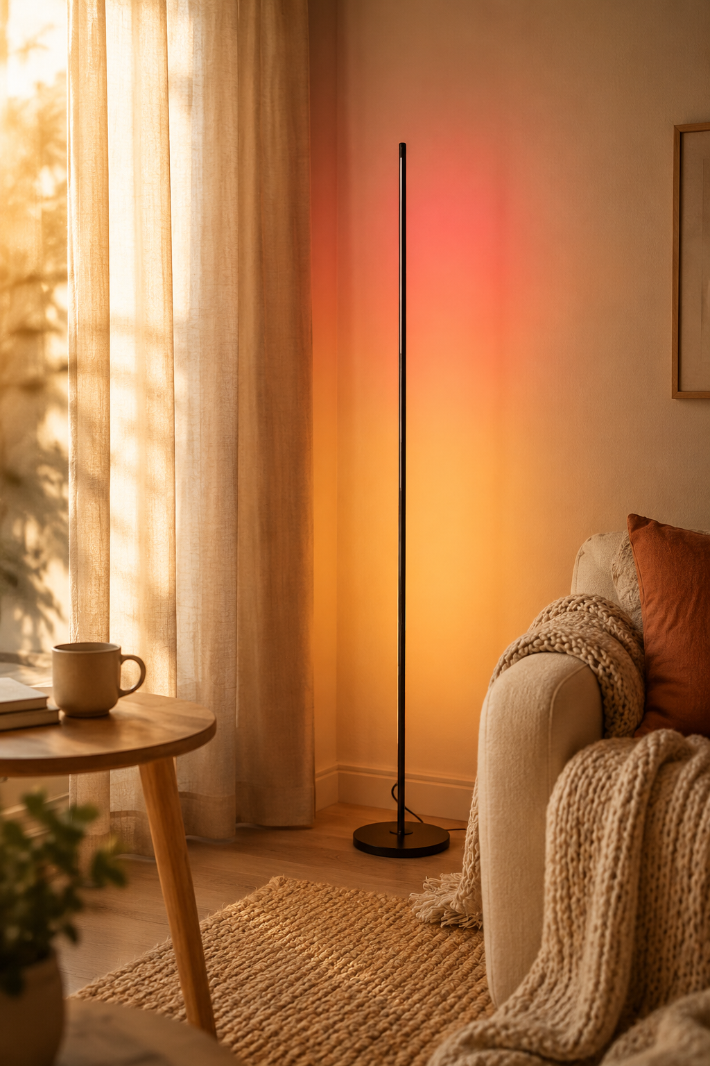 Smart floor lamp casting warm gradient glow in a living room corner for lighting upgrades under $70