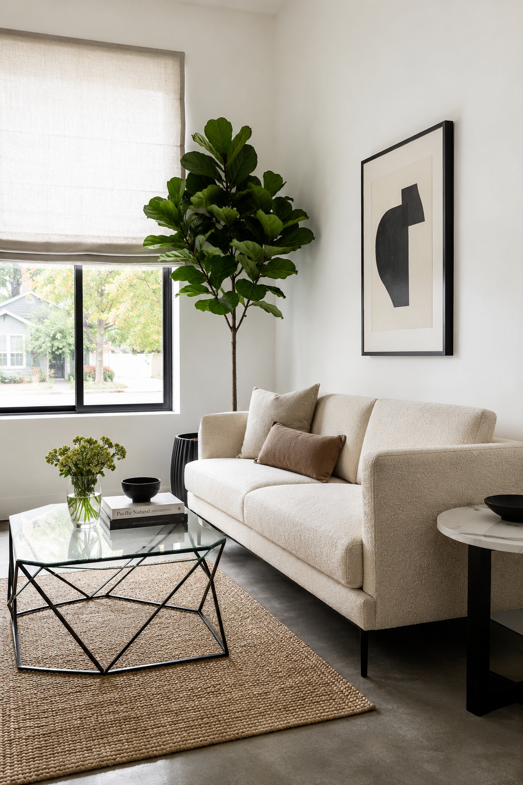 Living room arranged around a tall window with afternoon light spilling across a linen sofa for living rooms that don't compete with the window