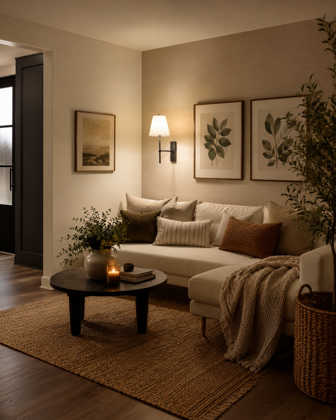 Calm Sunday evening interior with a cup of tea and a single book on a side table for Sunday-night reset