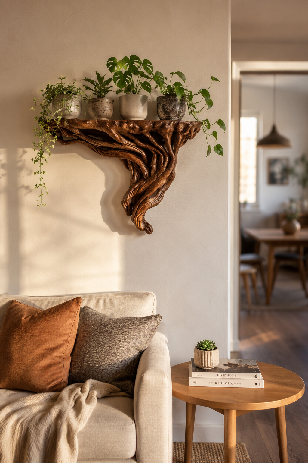 Rustic tree root floating wall shelf mounted on a cream wall displaying ceramic plant pots with greenery in a warm naturally lit living room for rustic tree root wall shelf