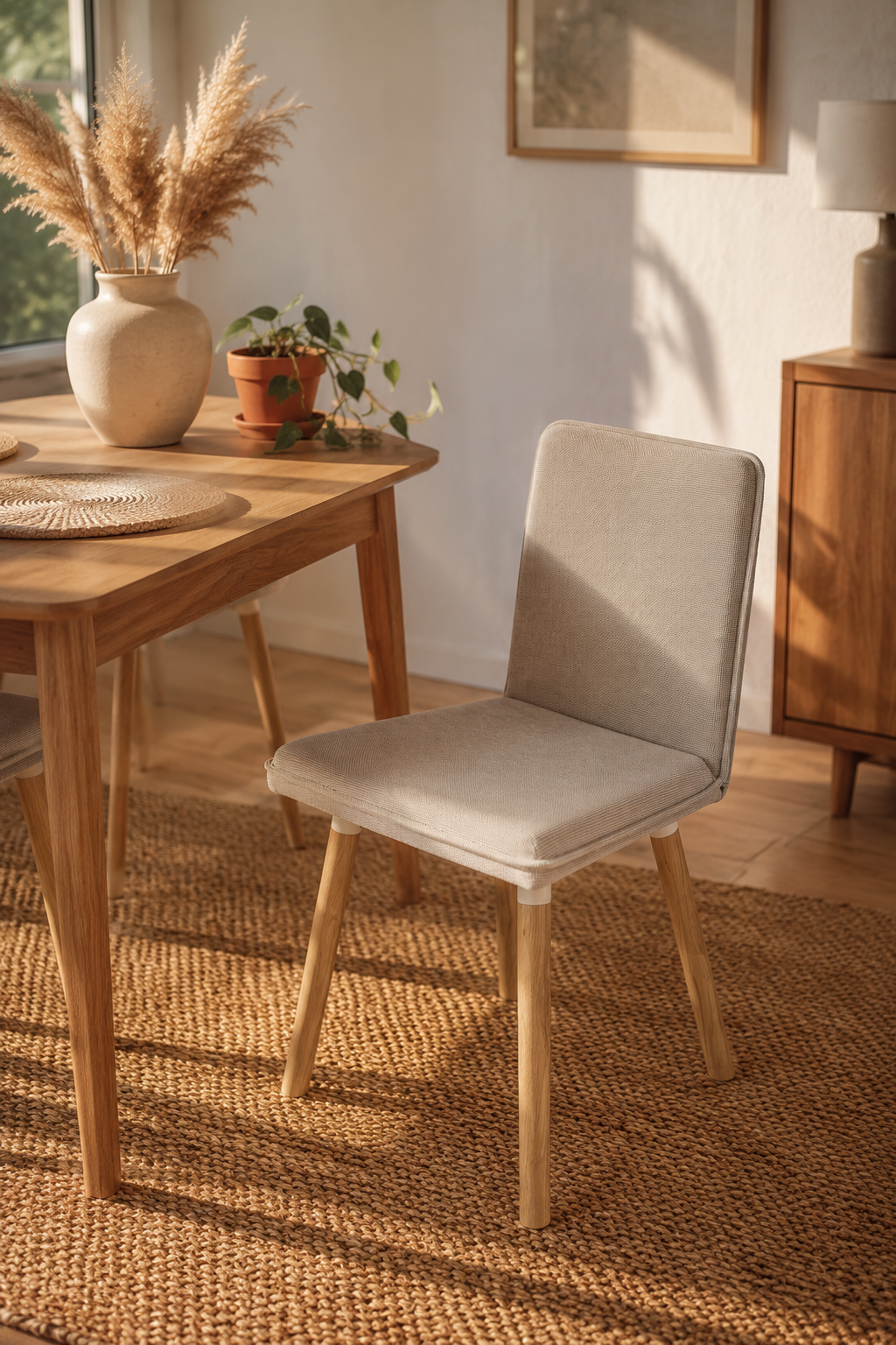 Light wood dining chair with cream boucle cushion and arched woven rattan back styled on a neutral rug with soft greenery and warm minimal decor.