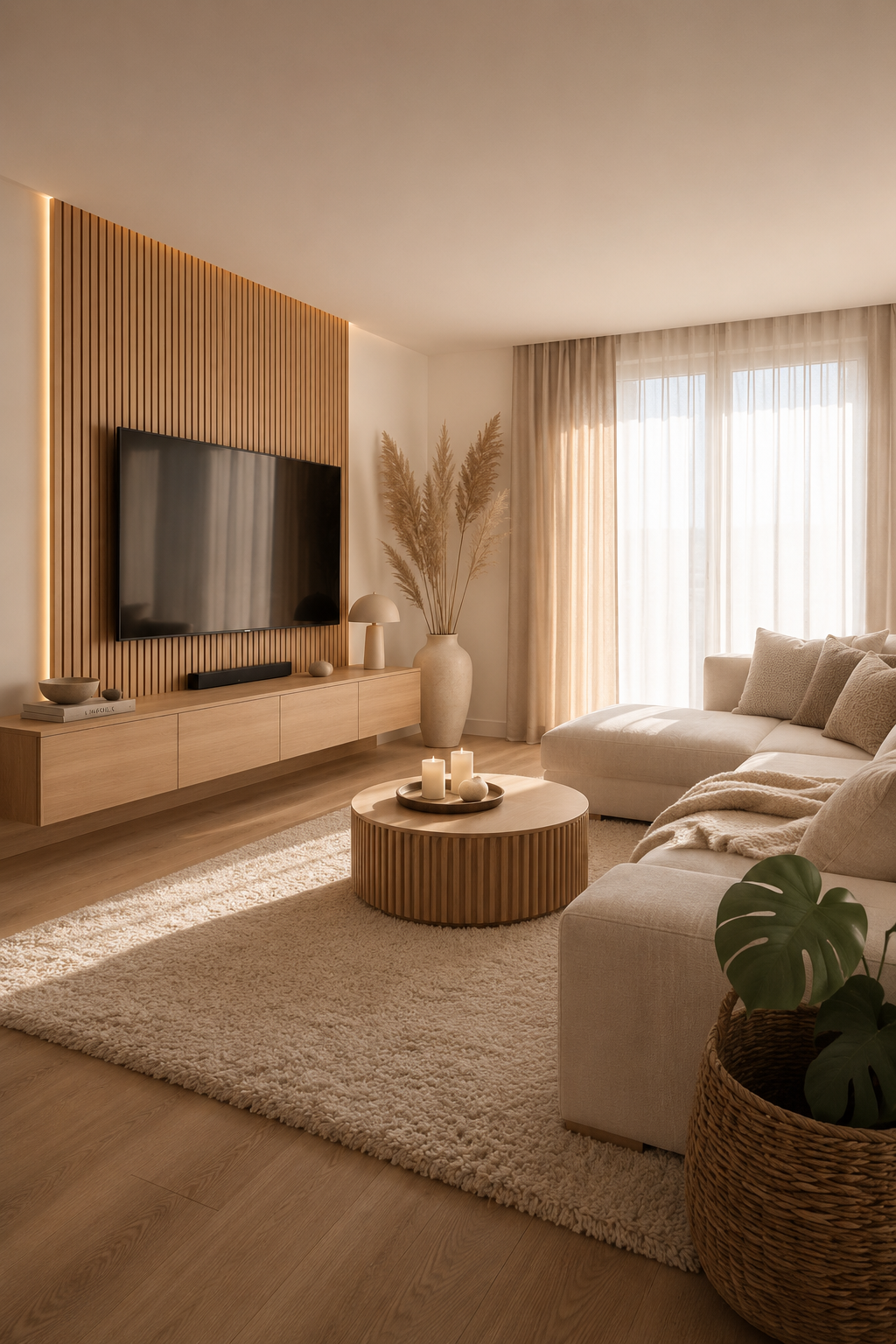 Living room in warm neutrals: linen sofa, ceramic table lamp, single oversized vase for slow-living living room