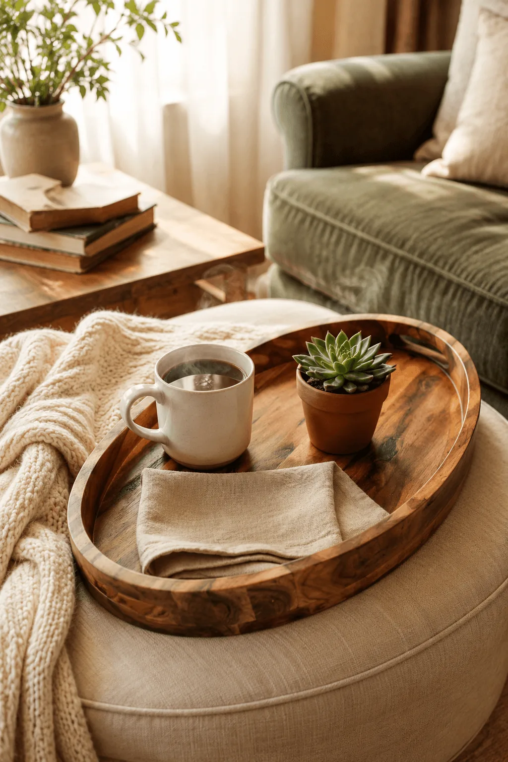 Oval acacia wood serving tray with warm honey tones and natural grain on white background