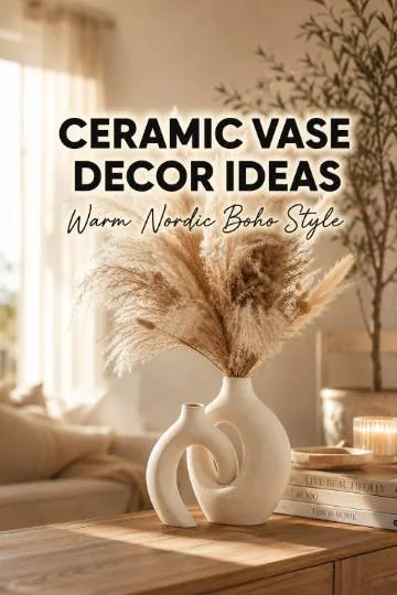 A set of two aesthetic ceramic vases with organic flowing shapes styled on a wooden shelf