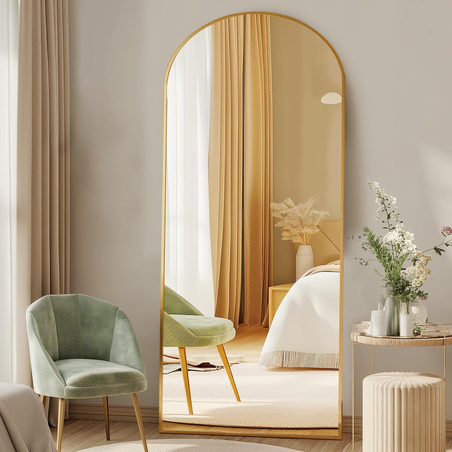 Arched Full Length Mirror Decor | Warm Neutral Bedroom Style