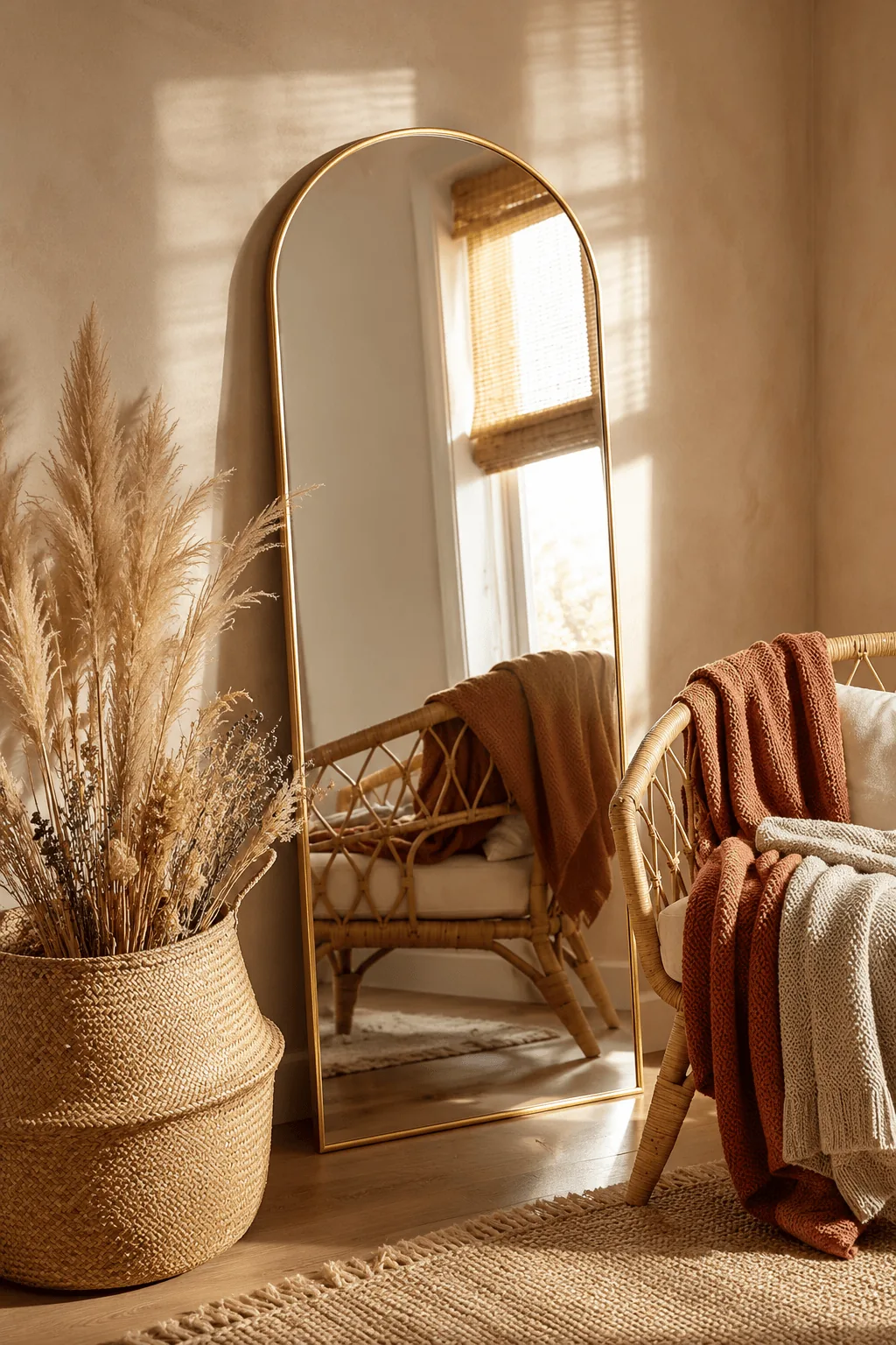 Warm arched gold-frame floor mirror leaning against a beige wall with pampas grass and terracotta throws for five accessories that do the work of a redesign