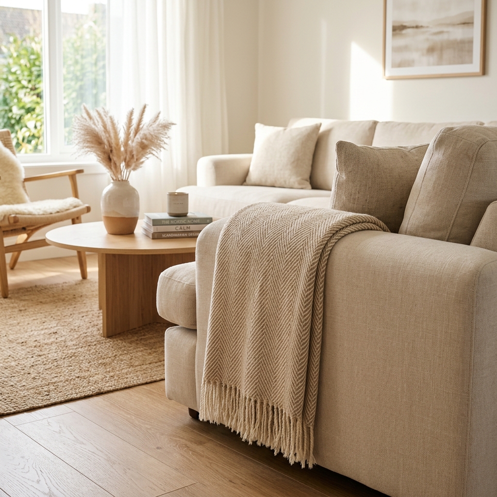 Decorative Beige Herringbone Throw, 130×170 cm
