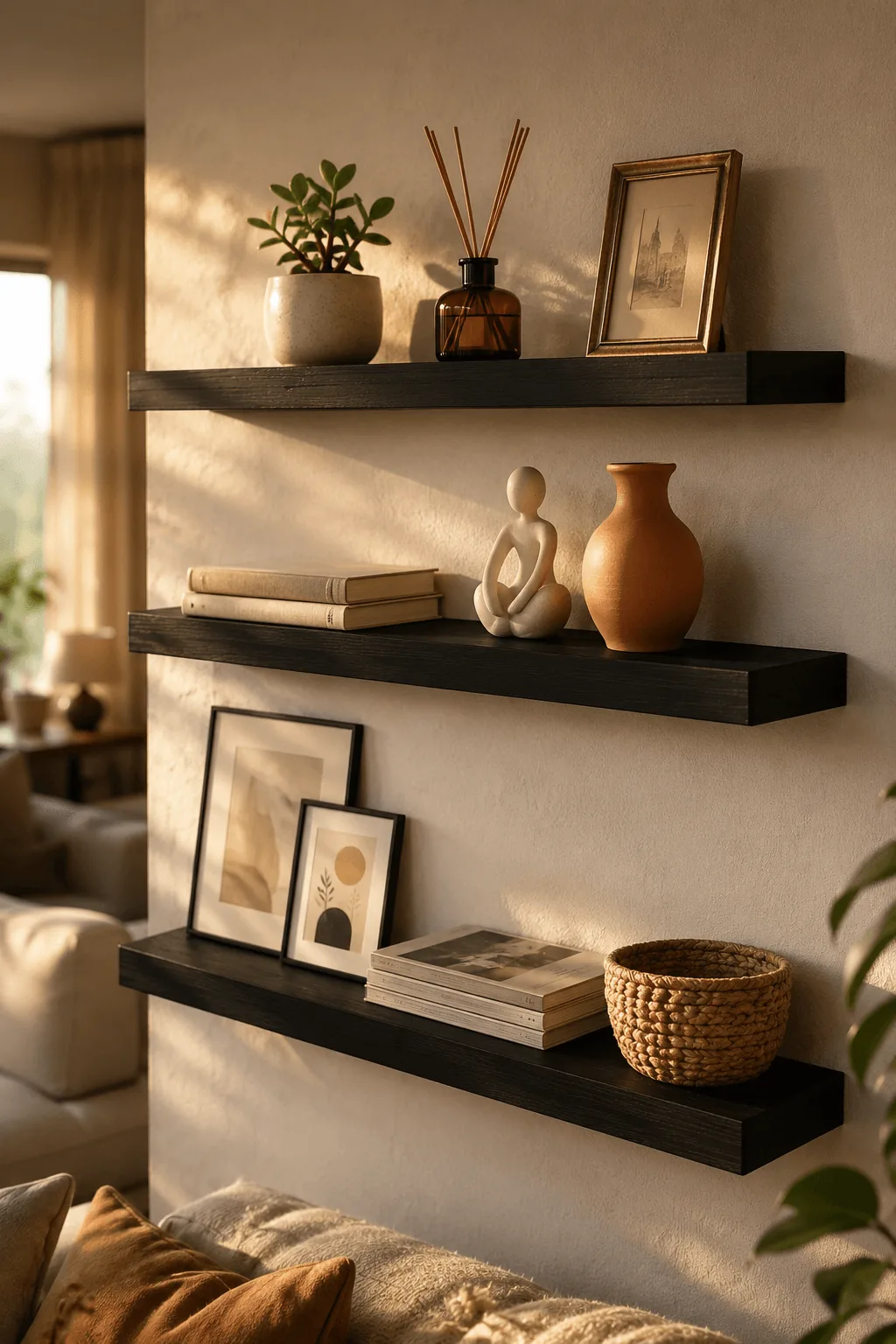 Three black floating wall shelves styled with books, small art prints, potted succulent, amber reed diffuser, and minimalist figurines in a warm, organized display