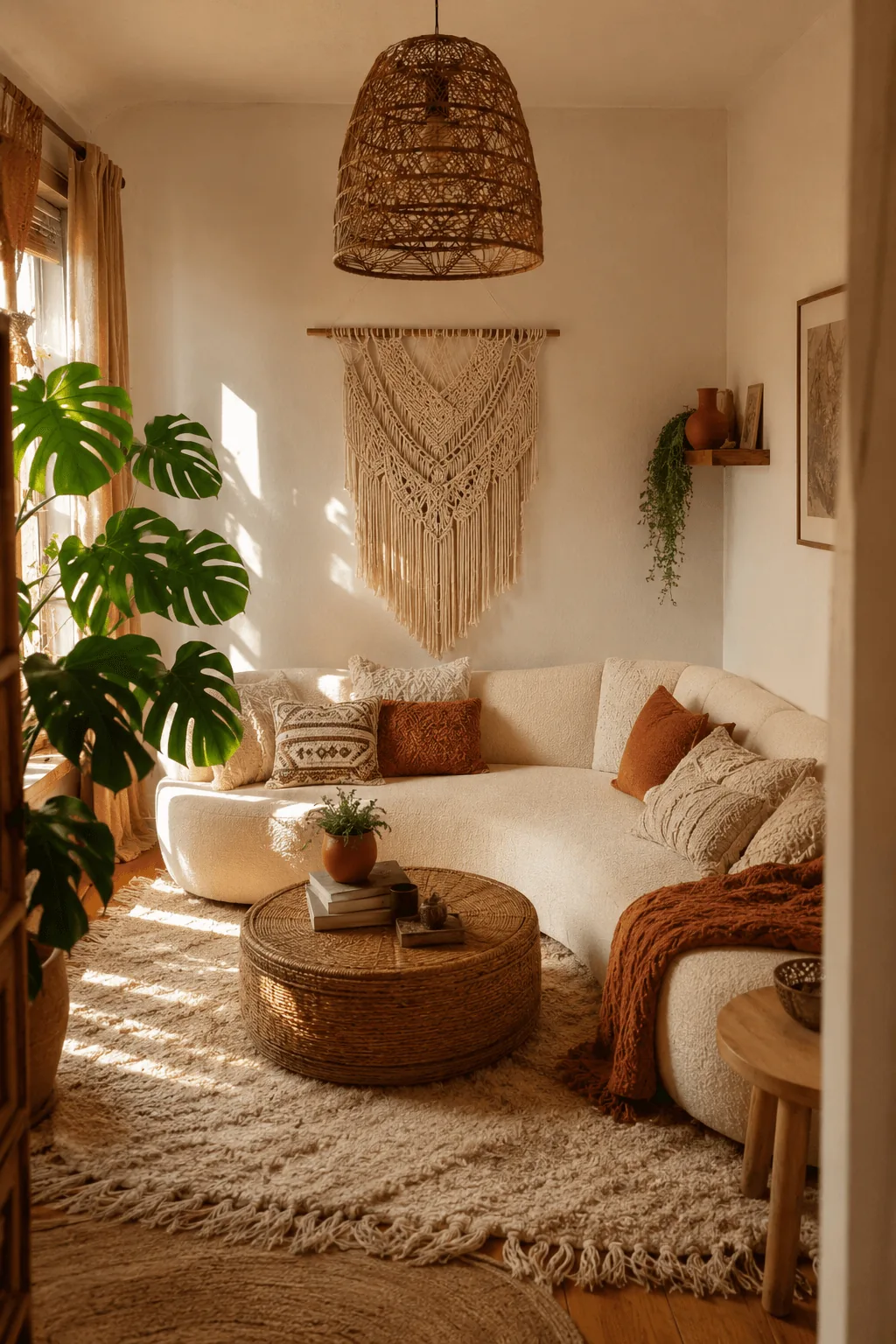 Boho living room with cream curved sofa and rattan coffee table in golden hour light
