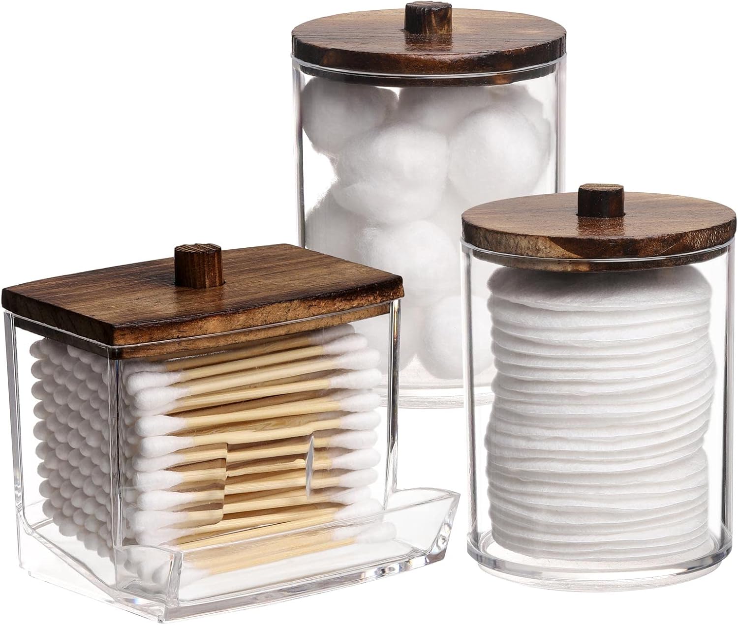 Clear Bathroom Apothecary Jars with Warm Wood Lids