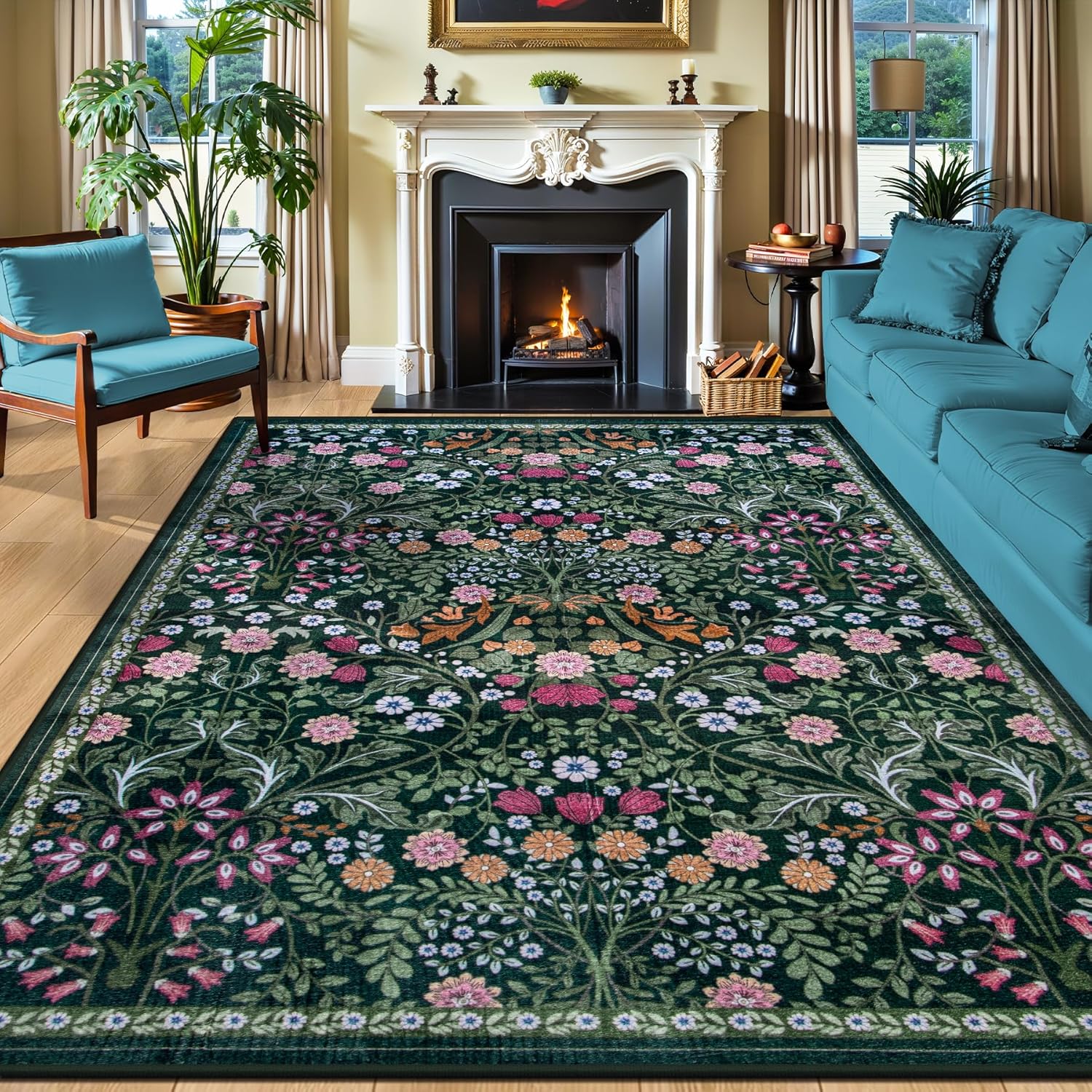 Dark Green Floral Rug Ideas for Cozy Vintage Living Room Decor