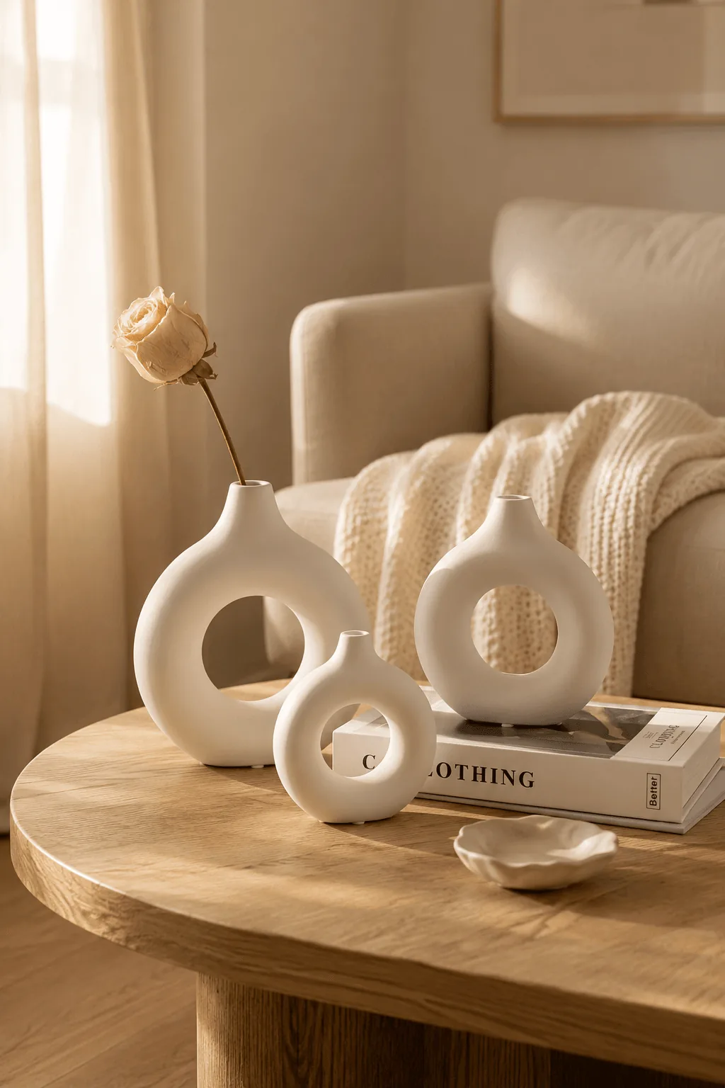 White matte ceramic donut-shaped vases with a single cream rose stem in minimalist styling