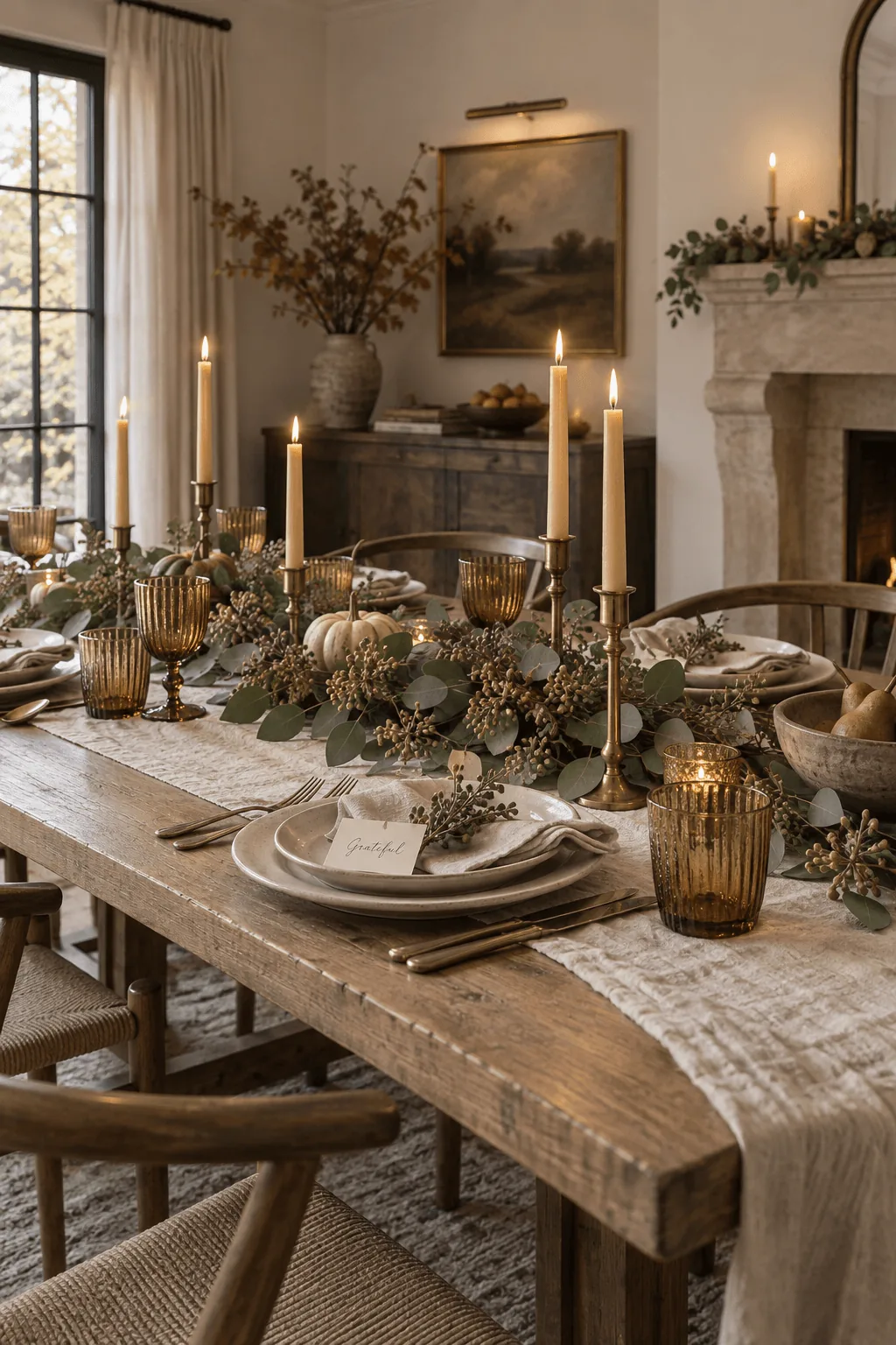 Casual neutral Friendsgiving tablescape styled with crinkled linen runner, mismatched vintage amber glassware, stoneware dinner plates, and handwritten place cards