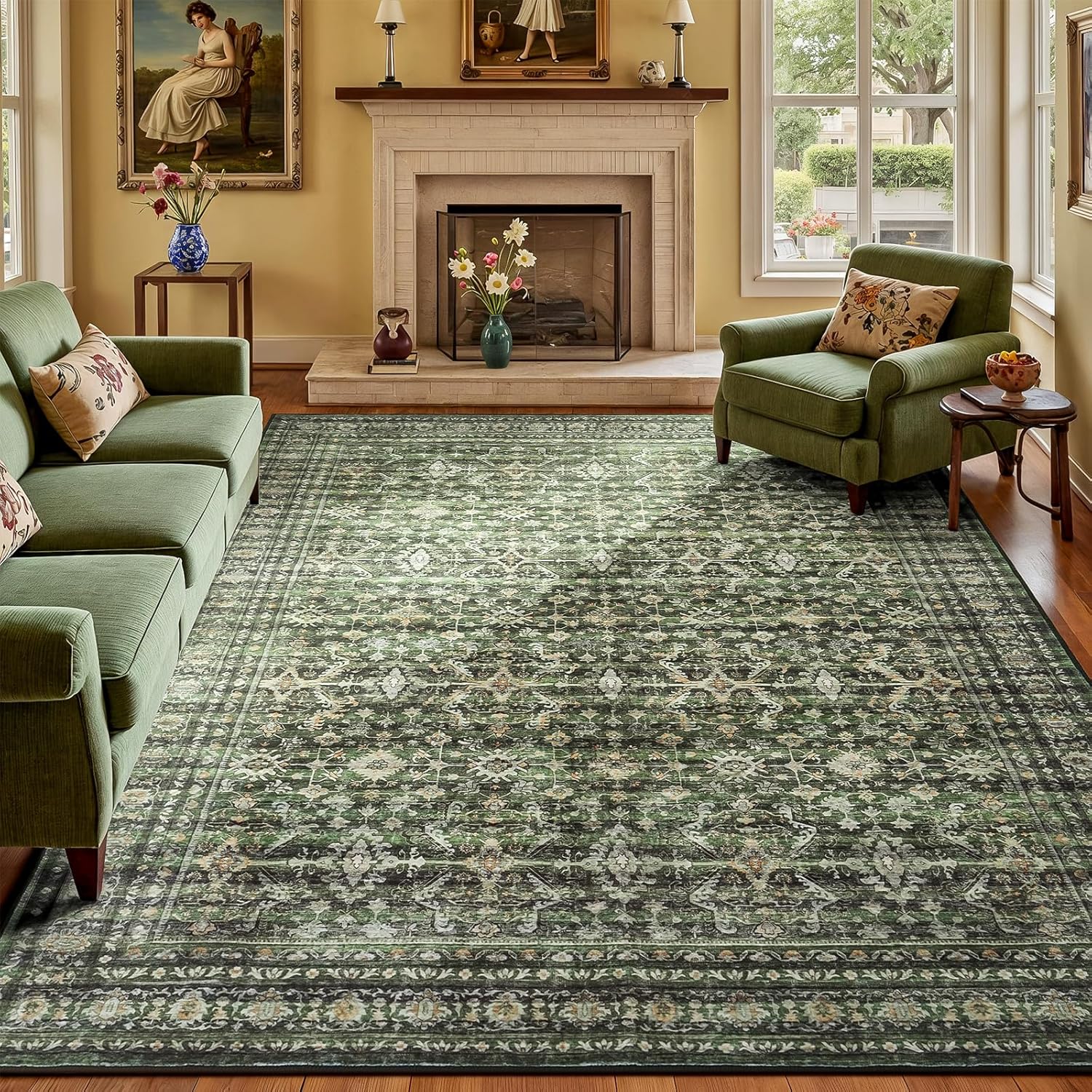 Green Rug Living Room Ideas | Cozy Vintage Boho Decor