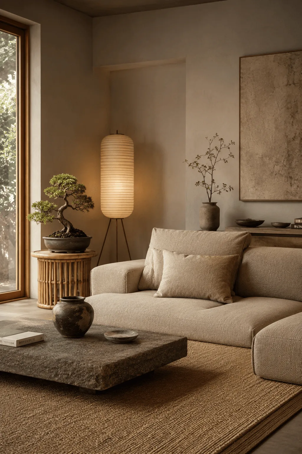 Small Japandi living room with a low-profile small living room sofa bed and warm natural daylight